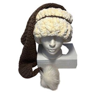 Handcrafted Brown & Cream Crocheted Elf Stocking Style Hat With Faux Fur Pom Pom